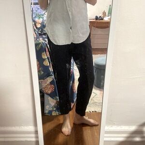 Slouchy navy XIRENA pants with red embroidery down side, S